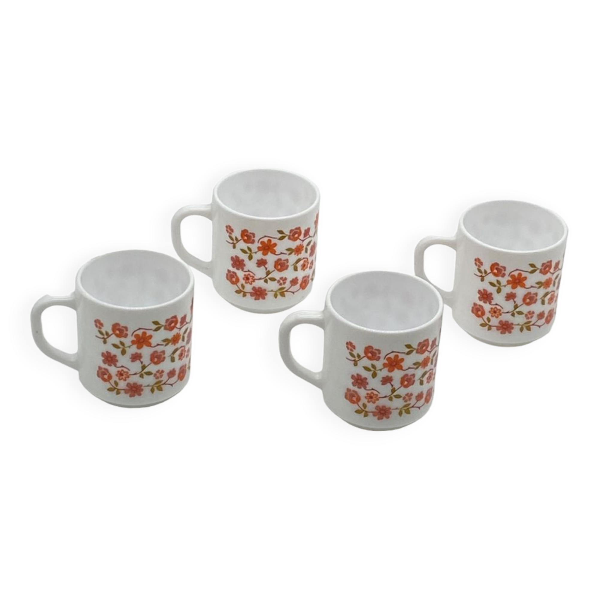 Quatuor de mugs, arcopal france, scania, vintage , fleurs orange