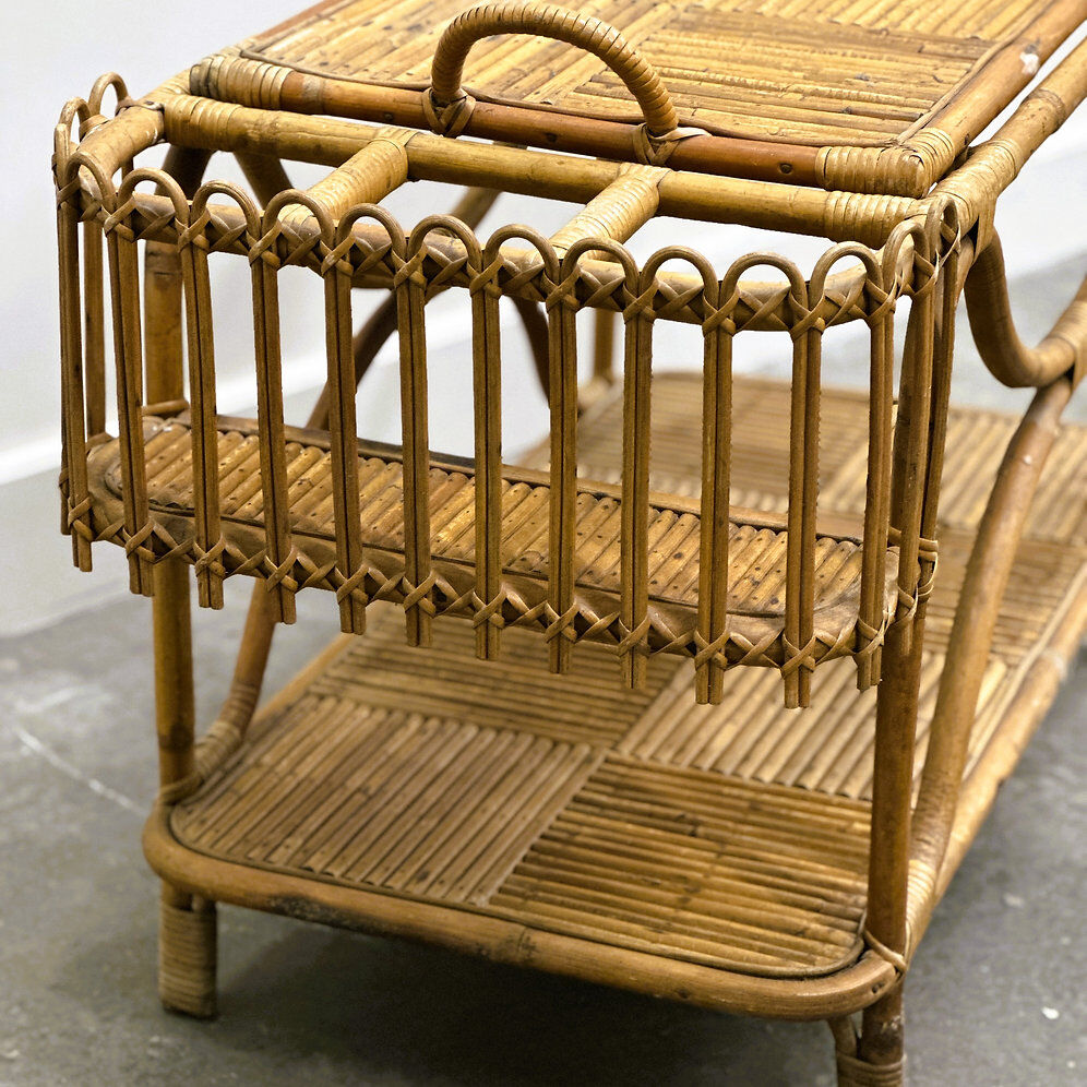 Rare large French Riviera rattan bar cart with bottle holder, 1960s
