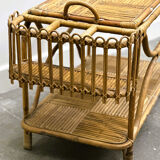 Rare large French Riviera rattan bar cart with bottle holder, 1960s