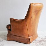 Vintage sheap leather armchair,  large smoker chair in brown sheapleather, Big leather fauteuil