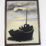 Oil on wood framed and signed Henri Merlet, fishing boat at sunset
