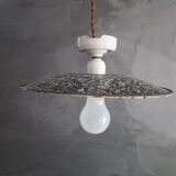 Old pendant light in speckled gray enameled sheet metal