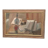 Huile sur toile originale suédoise - 'Vase et livres' par Gösta Stawåsen - Signé - Vintage et encadré - 76 × 51 cm (29,9" × 20,1")