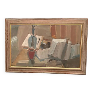 Original Swedish Oil on Canvas - 'Vase and Books' by Gösta Stawåsen - Signed - Vintage and Framed - 76 × 51 cm (29.9" × 20.1")