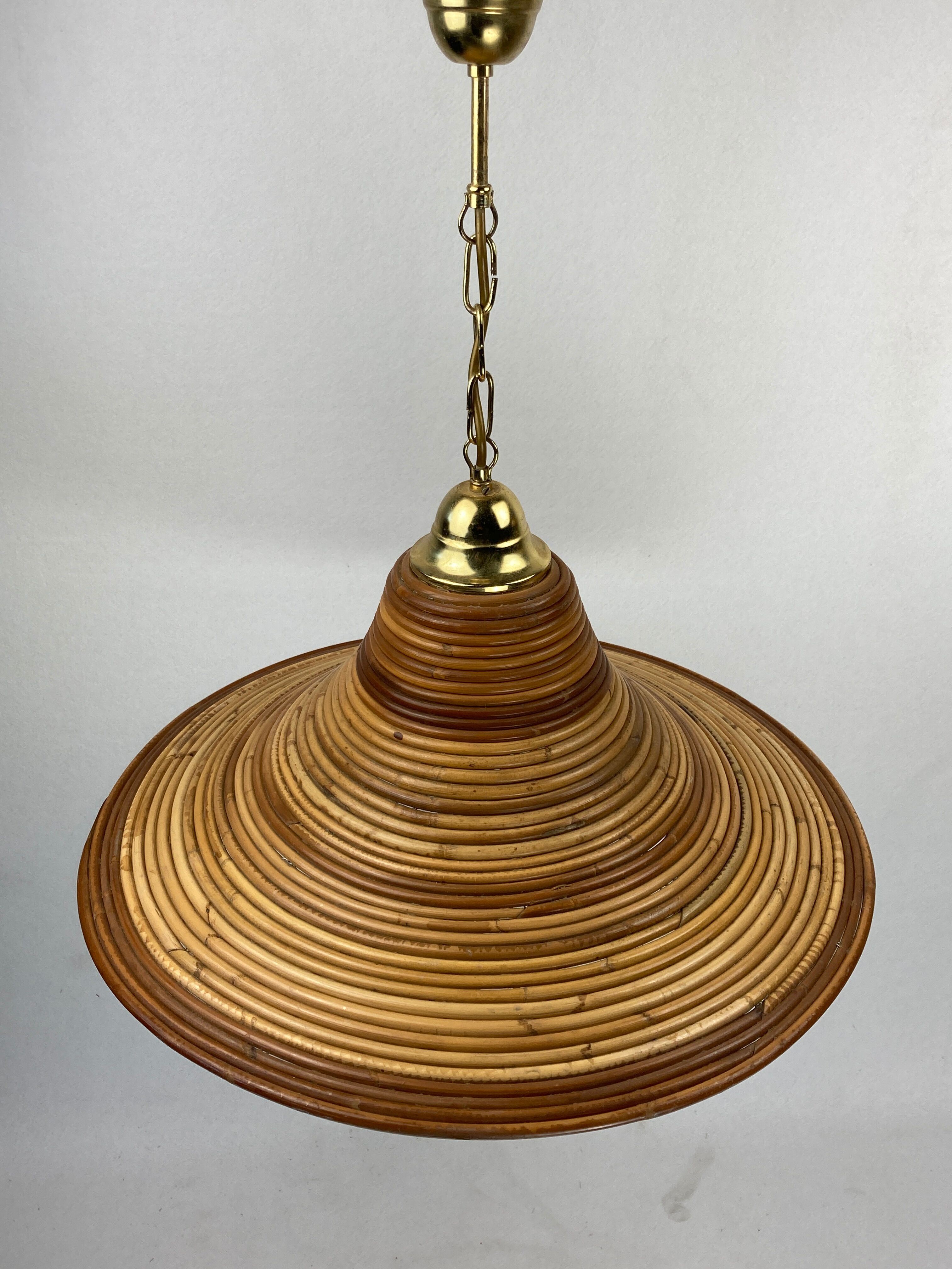 Pencil split reed rattan bamboo and brass pendant Lamp, 1970s