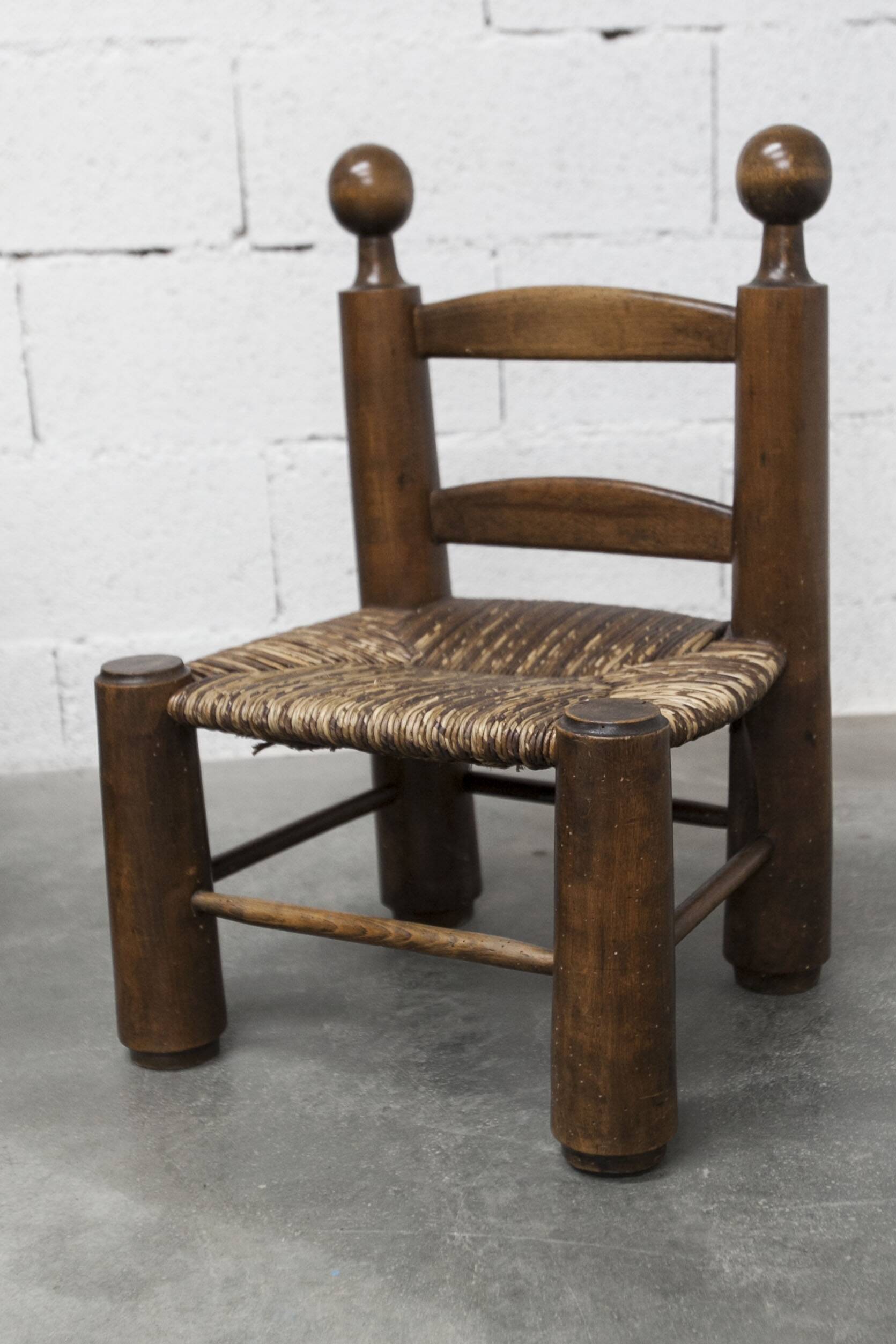 Brutalist children's chair by Charles Doudouyt 1960 oak and wicker