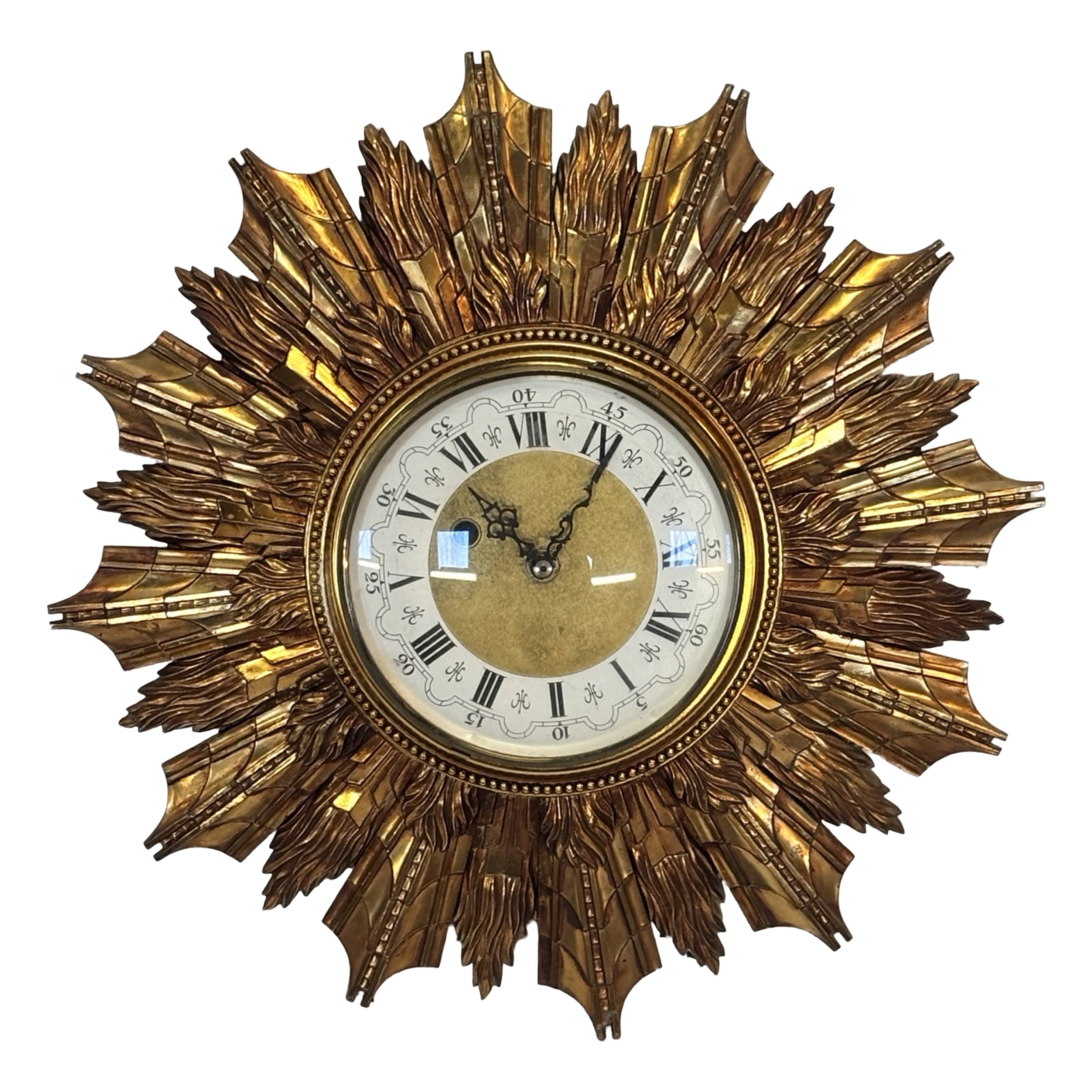 Vintage Hollywood Regency Goldleaf Sunburst Clock