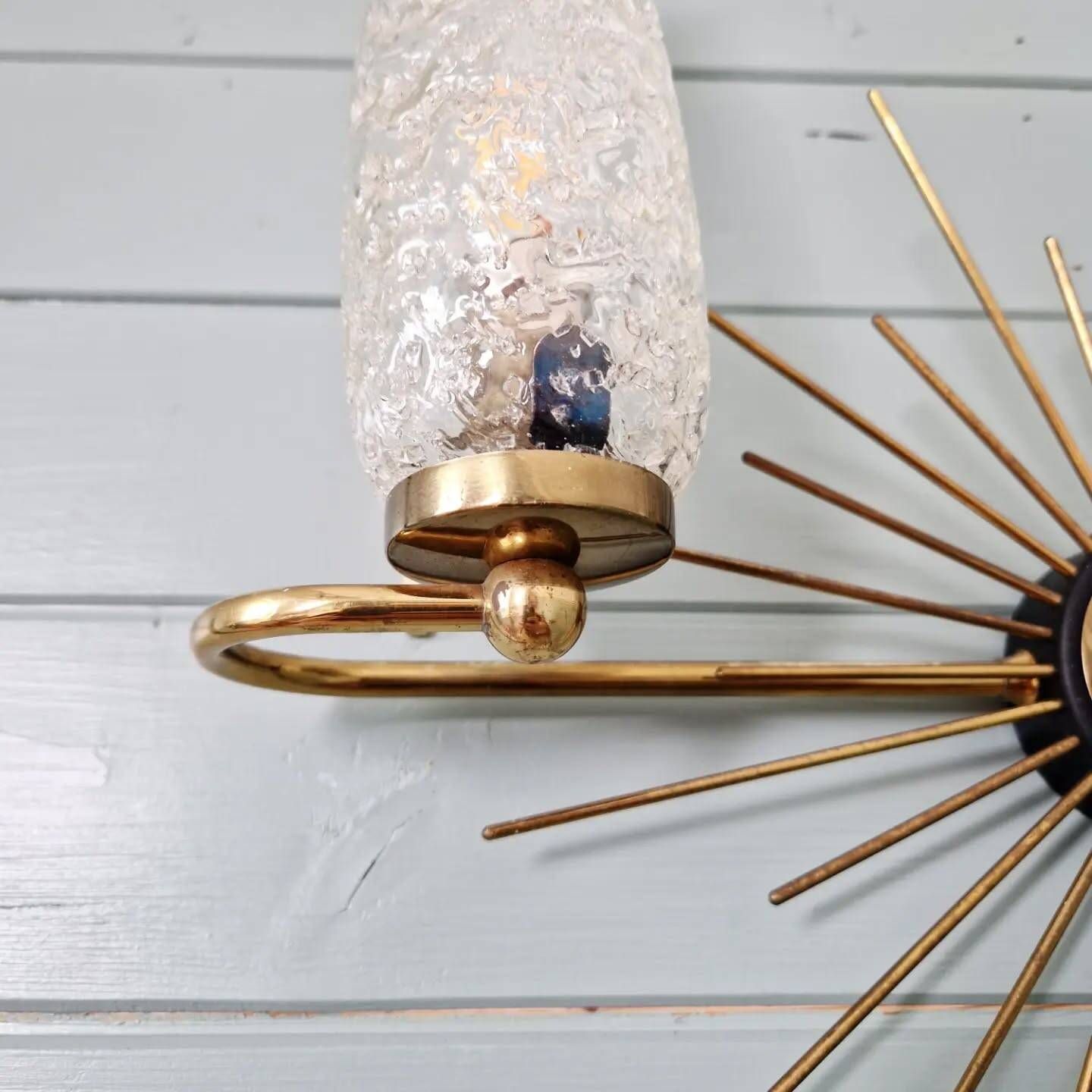 Wall lamp sun in brass and frosted glass (3 available), 1950