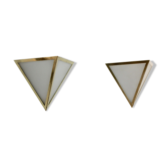 Set of brass & opal glass triangle wall sconces from Glashütte Limburg, Germany 1970