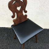 Set of 4 Alsatian chairs, wooden and skaï chair, carved wood, folk art, kitchen, living room, chalet