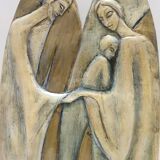 Panneau en hêtre peint et sculpté à la main représentant la Sainte Famille, Italie