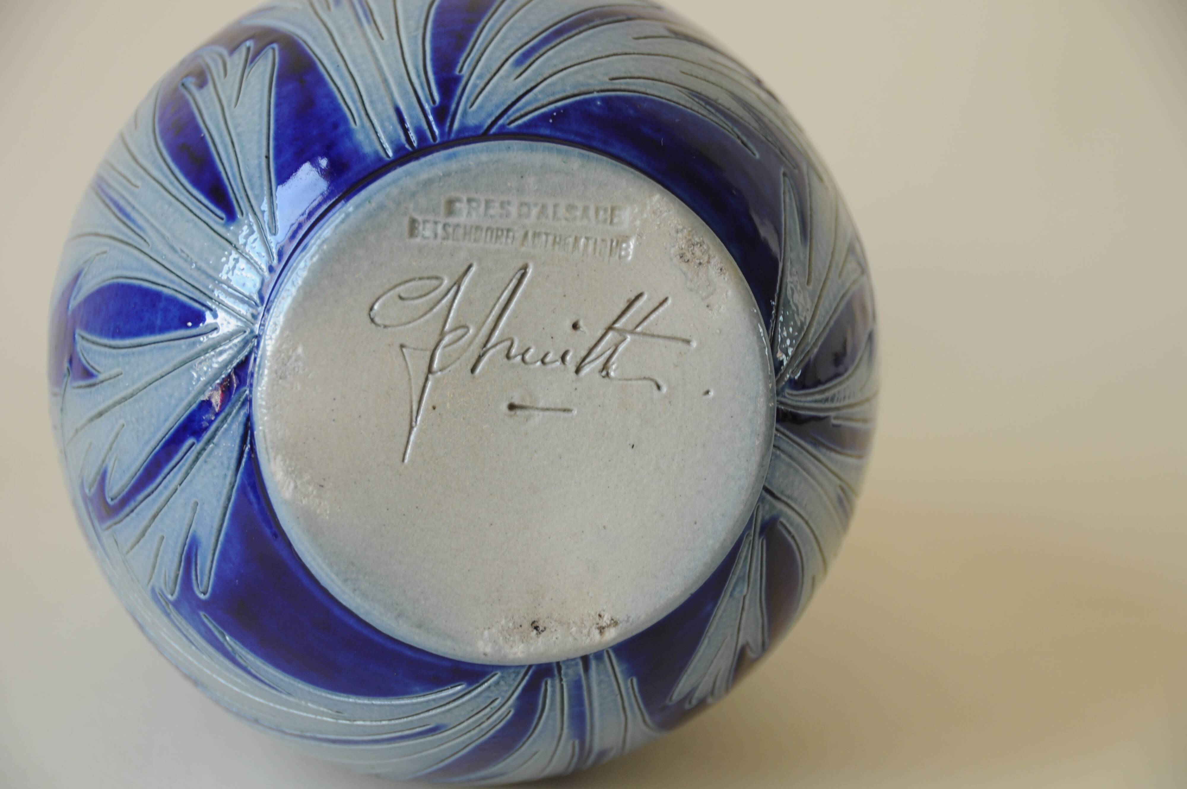 Vase en grès d'Alsace Betschdorf - Potterie Schmitter - Gris et Bleu Cobalt