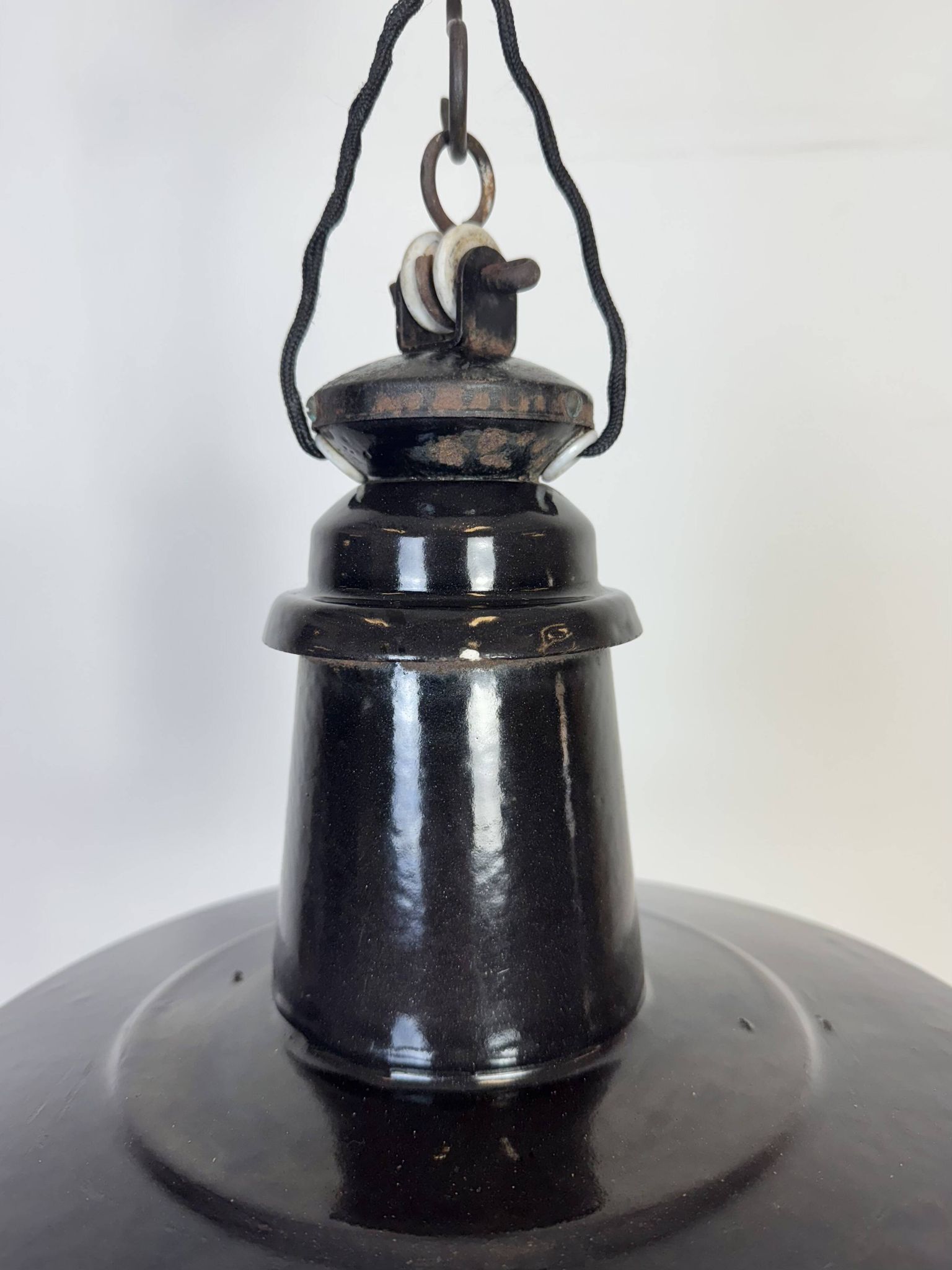Industrial German Black Enamel Pendant Lamp with Glass Cover, 1930s