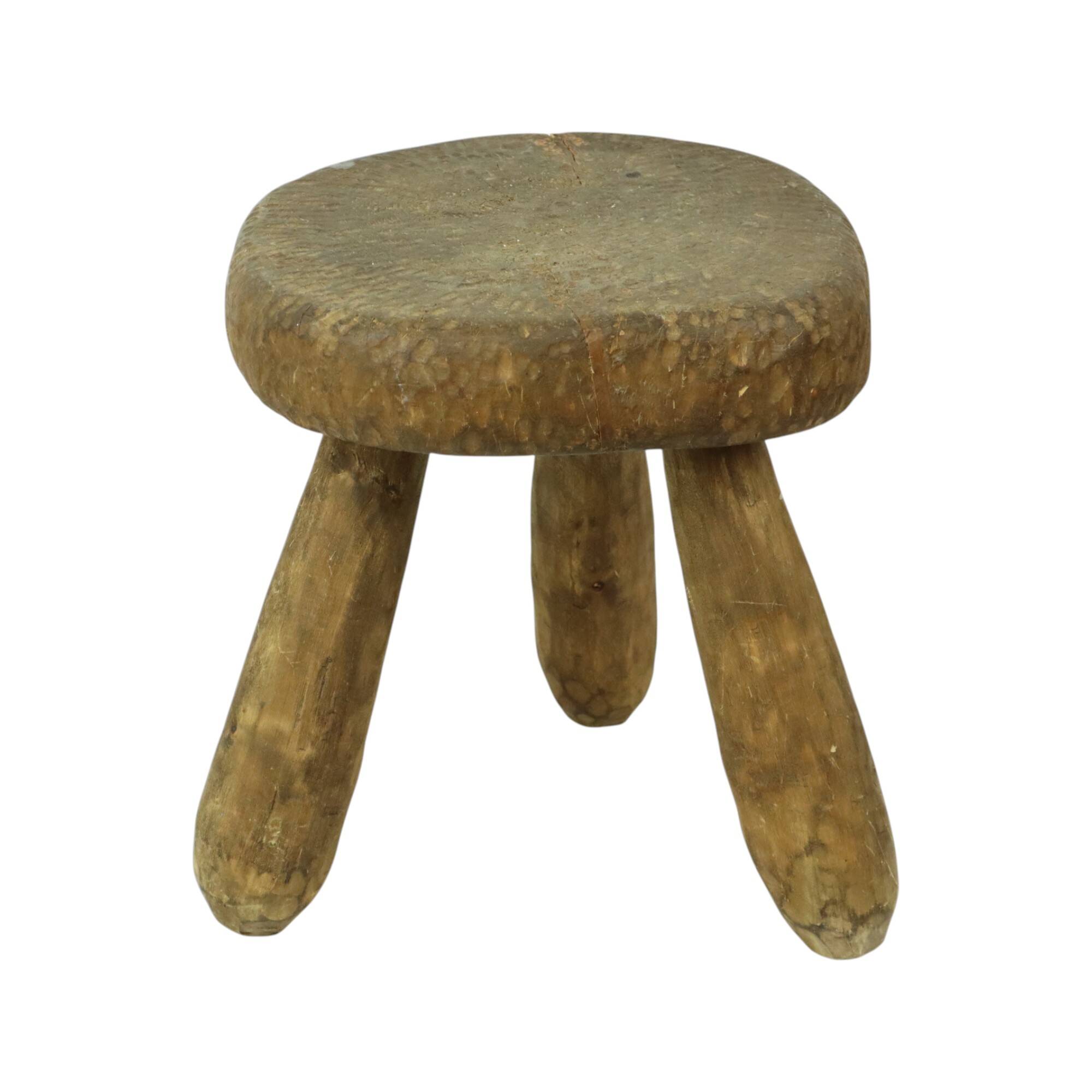 Old Rustic Tripod Stool Milk Stool Brutalism Style