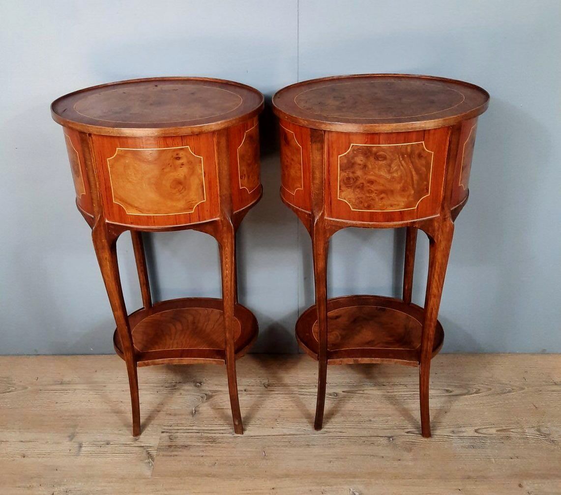 Pair of bedside Louis XV drums in precious wood marquetry of the twentieth century