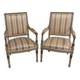 Pair of armchairs period Directoire rechampis green double patina