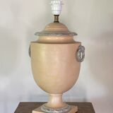 Pied de lampe à poser en céramique, terre jaune cirée, éléments terres mélées blanche et grise