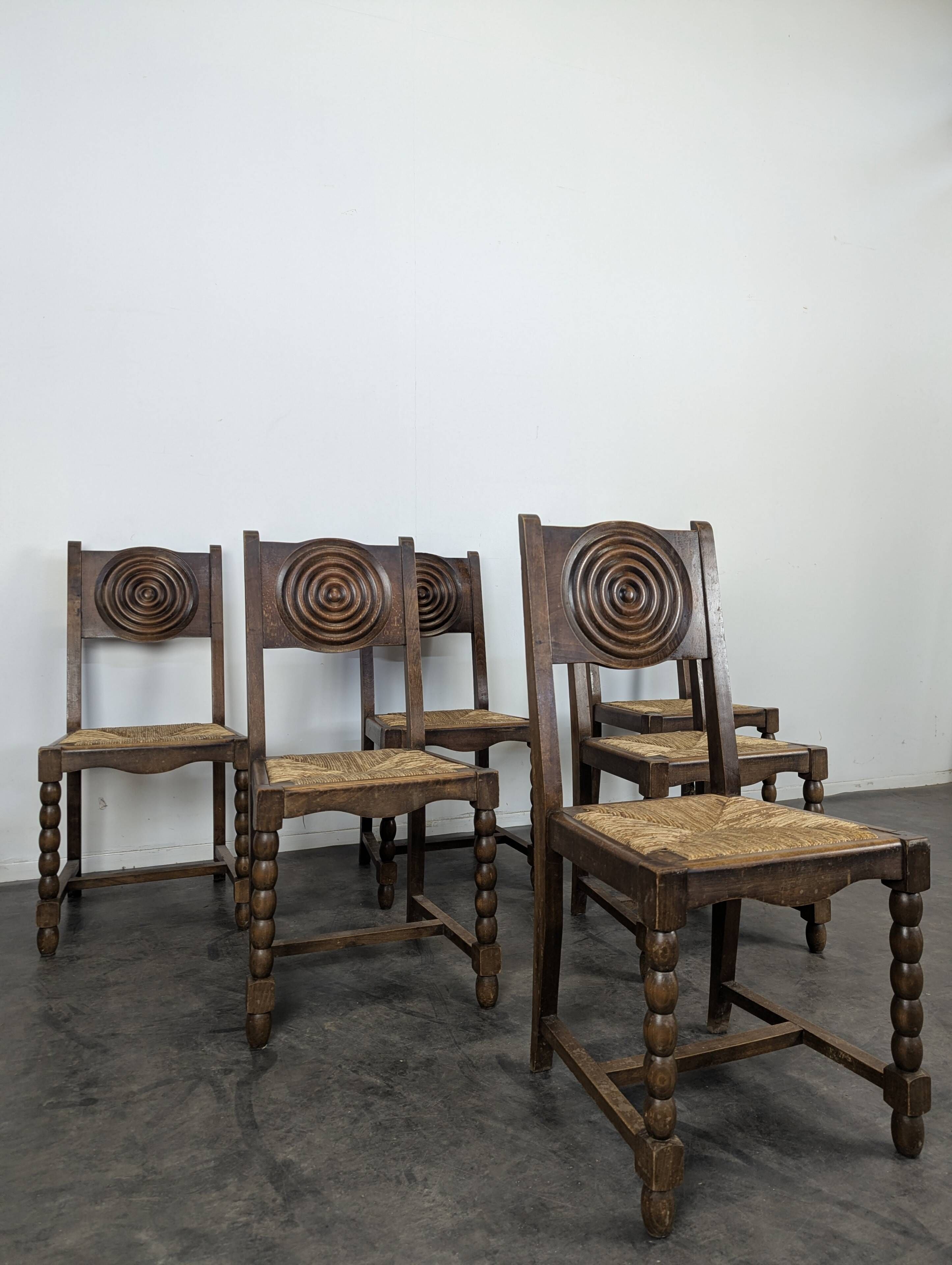 Set of 6 brutalist chairs in the style of Dudouyt.