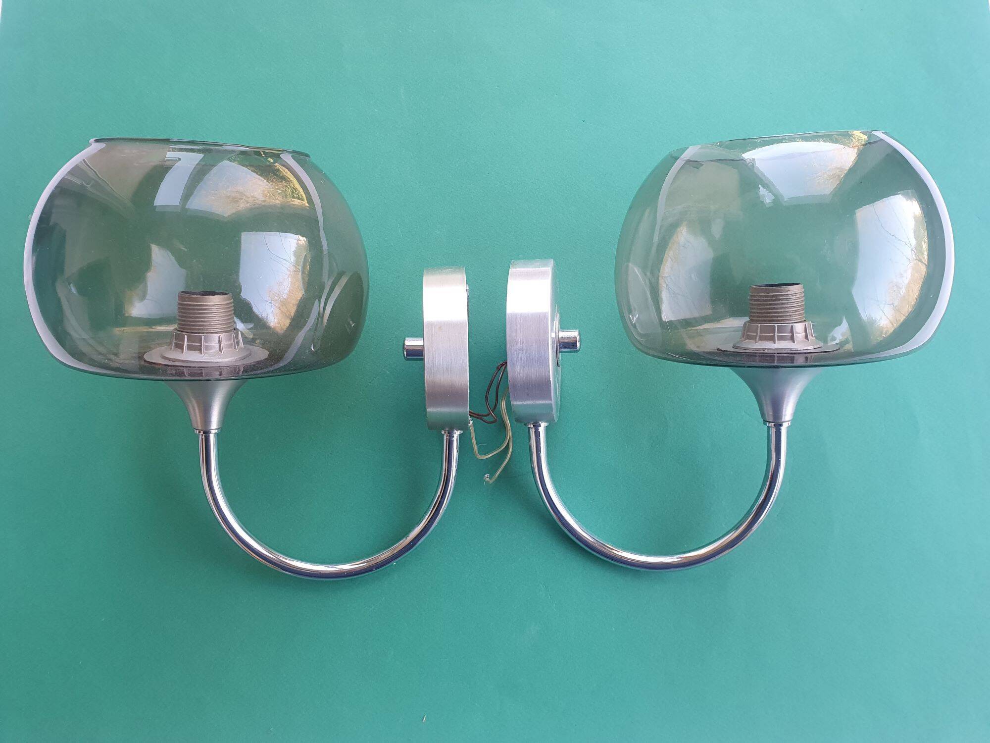 Pair of chrome metal and smoked glass wall lights from the 80s