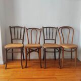 4 chaises de bistrot anciennes dépareillées bois et cannage