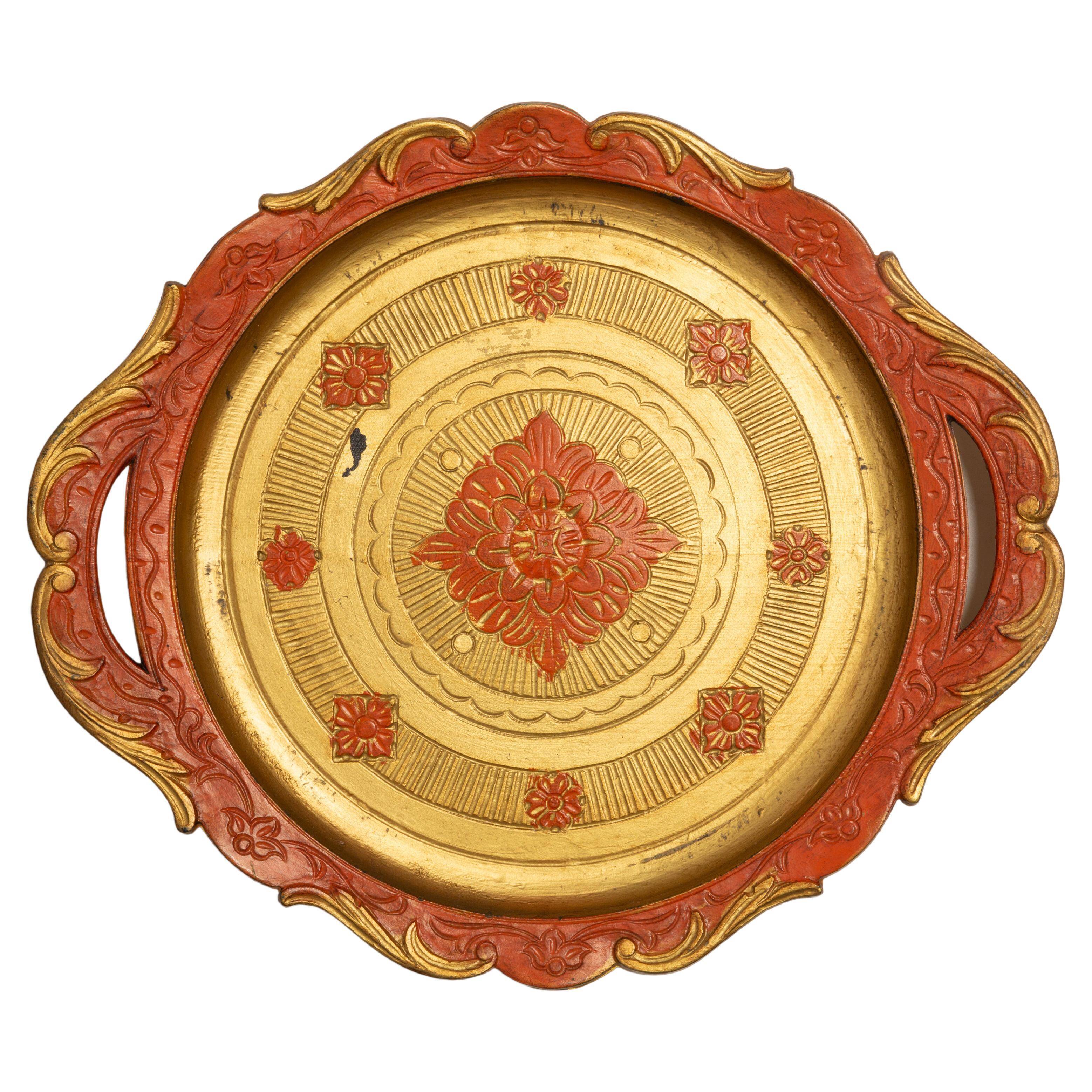 Vintage orange wooden decorative plate, Italy, 1960s
