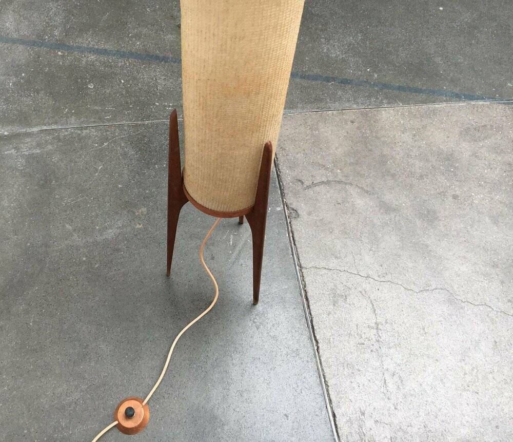 Mid-century tripod rocket floor lamp in teak, 1960s.