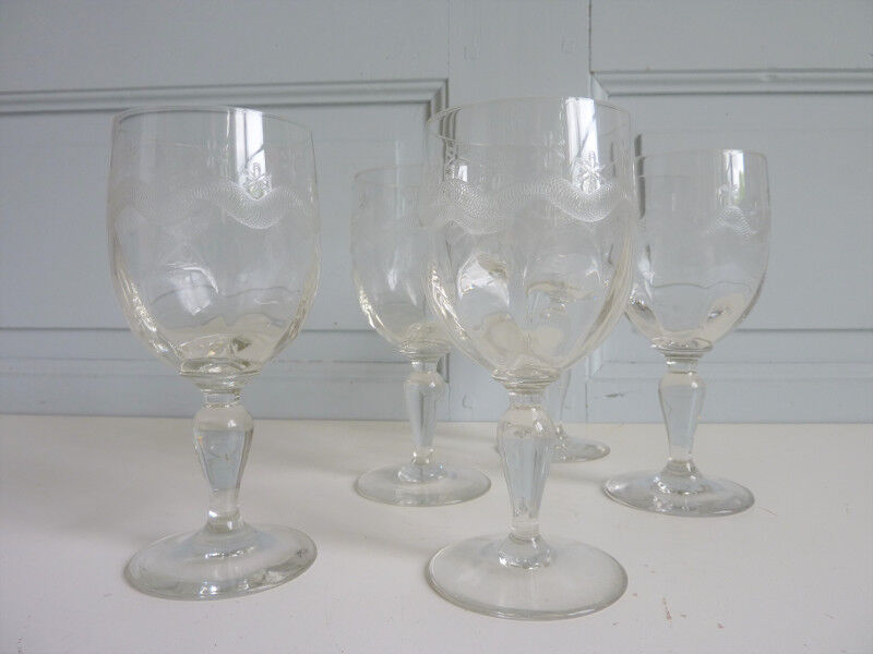 5 old engraved walking glasses