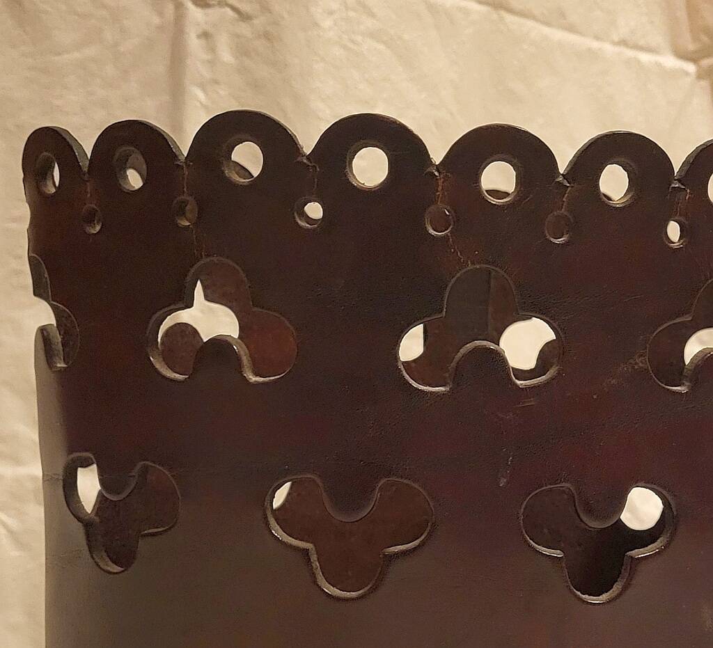 Vintage Magazine Rack Holder Waste Basket Cut Work Brown Leather Oval Shape