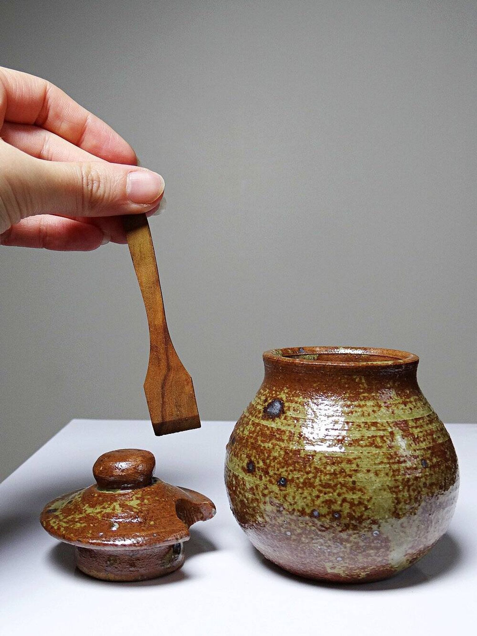 Vintage condiment service in glazed pyrite stoneware, artisanal Baudat La Borne style.