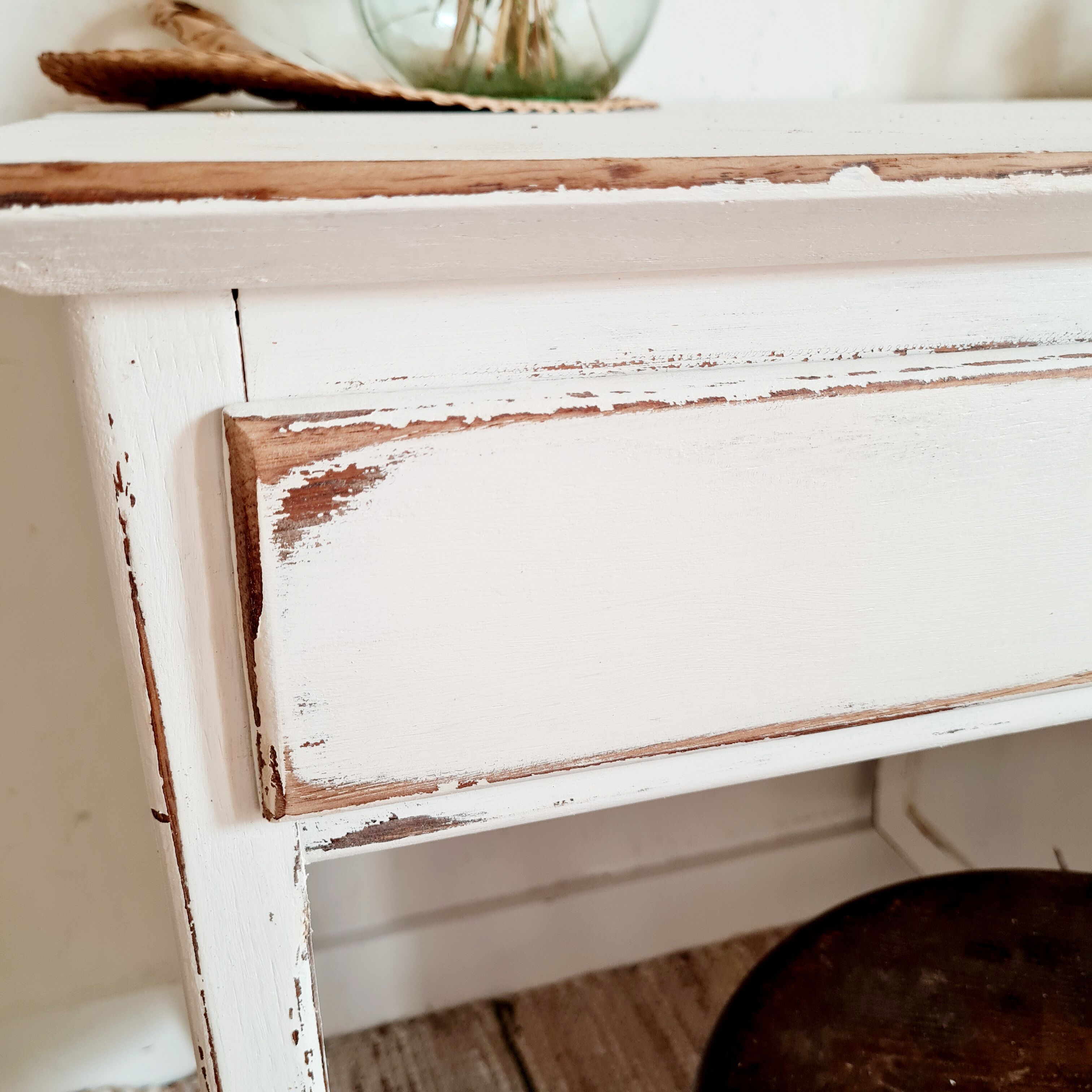 Retro white oak desk patinated foot compass