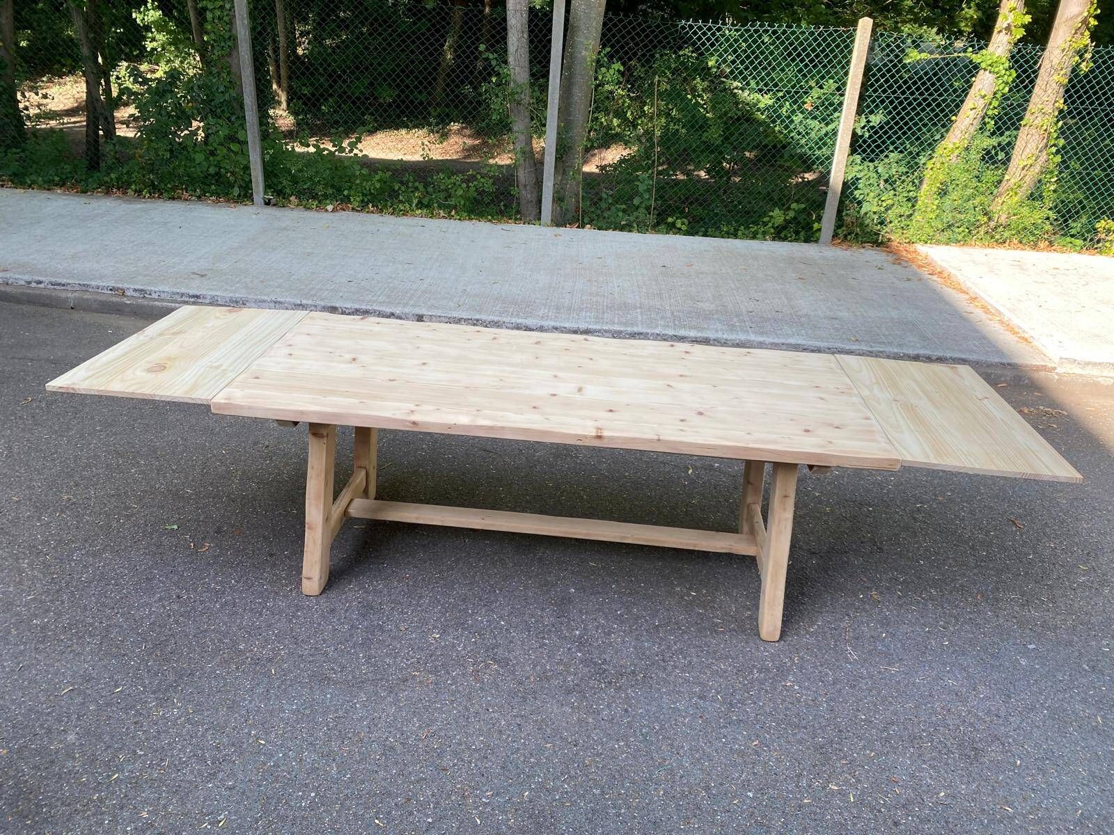 Large monastery farmhouse table stripped in raw wood, extendable from 200 to 300 cm.