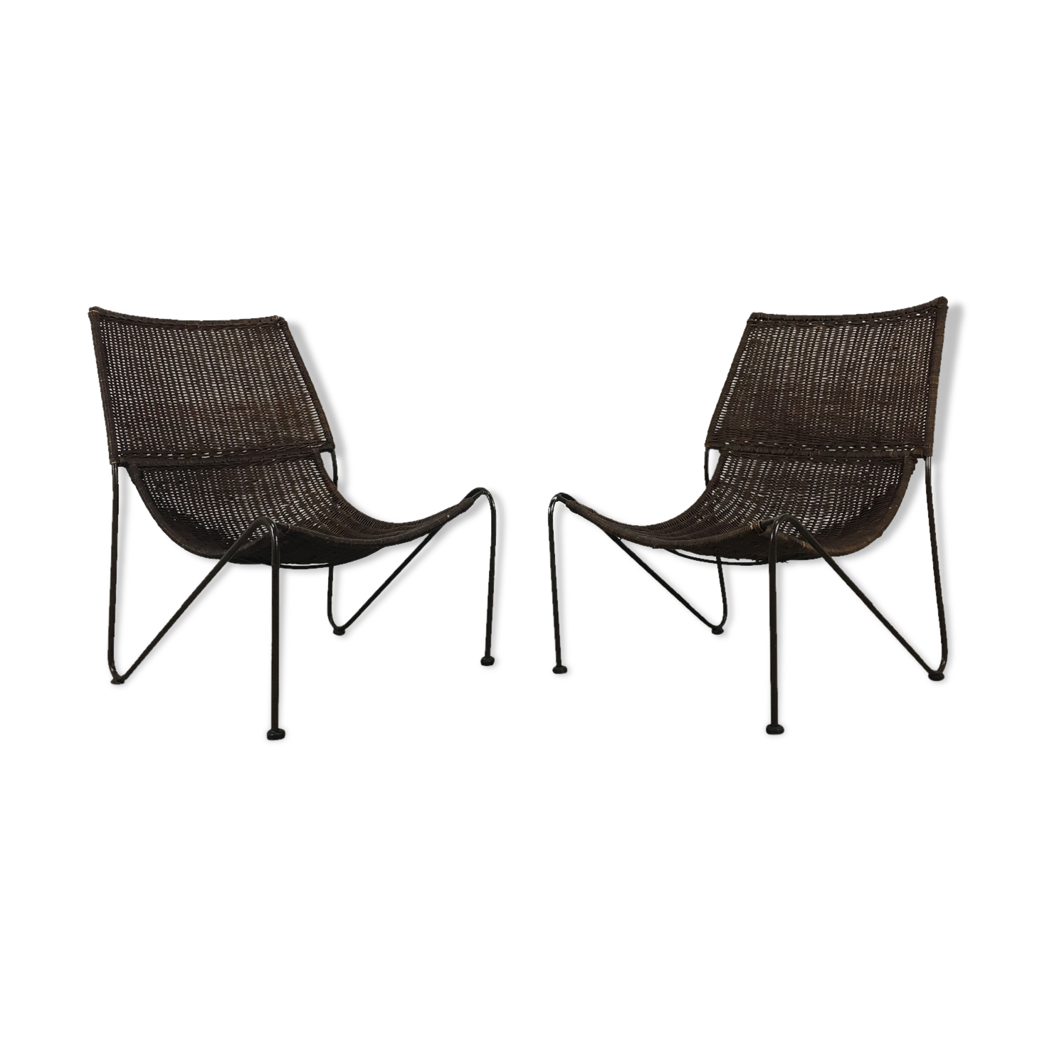 Pair of rattan and steel wire armchairs by frederick weinberg