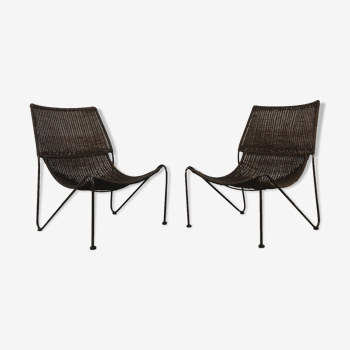 Pair of rattan and steel wire armchairs by frederick weinberg