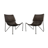 Paire de fauteuils en rotin et fil d'acier par Frederick Weinberg