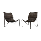Paire de fauteuils en rotin et fil d'acier par Frederick Weinberg