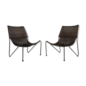 Pair of rattan and steel wire armchairs by frederick weinberg