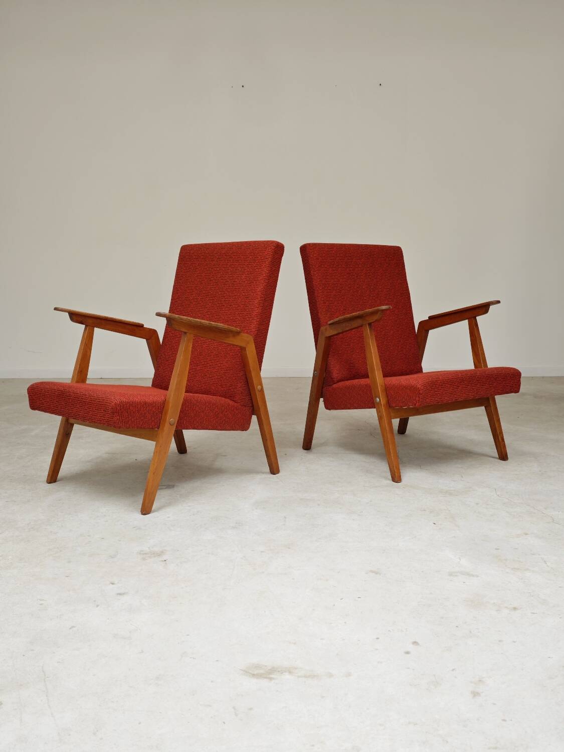 Pair of Uluv red Eastern Bloc armchairs, 1960s