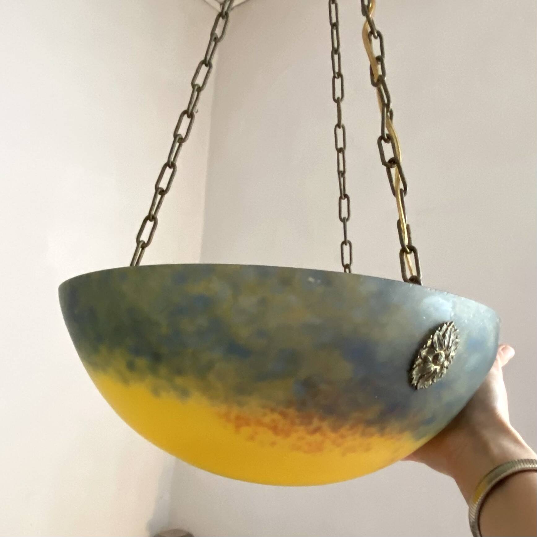 Art Nouveau glass paste suspension by Degué.