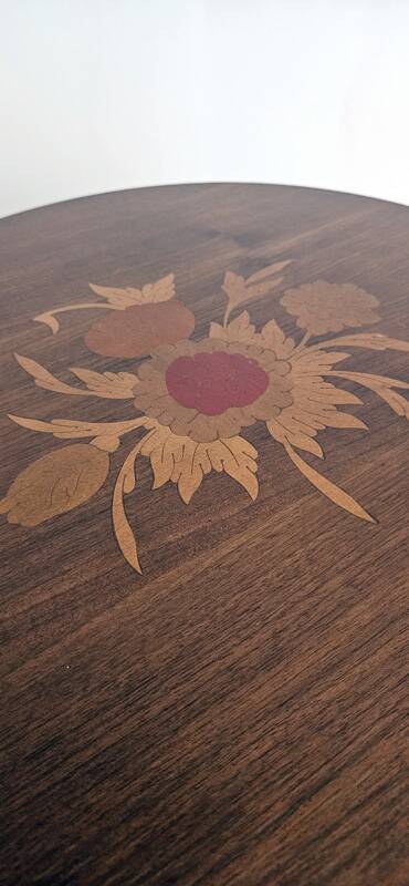 Antique marquetry side table in wood and cane.
