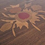 Antique marquetry side table in wood and cane.