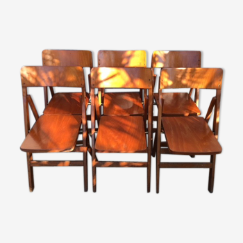 6 Chaises pliantes vintage en hêtre miel vers 1960