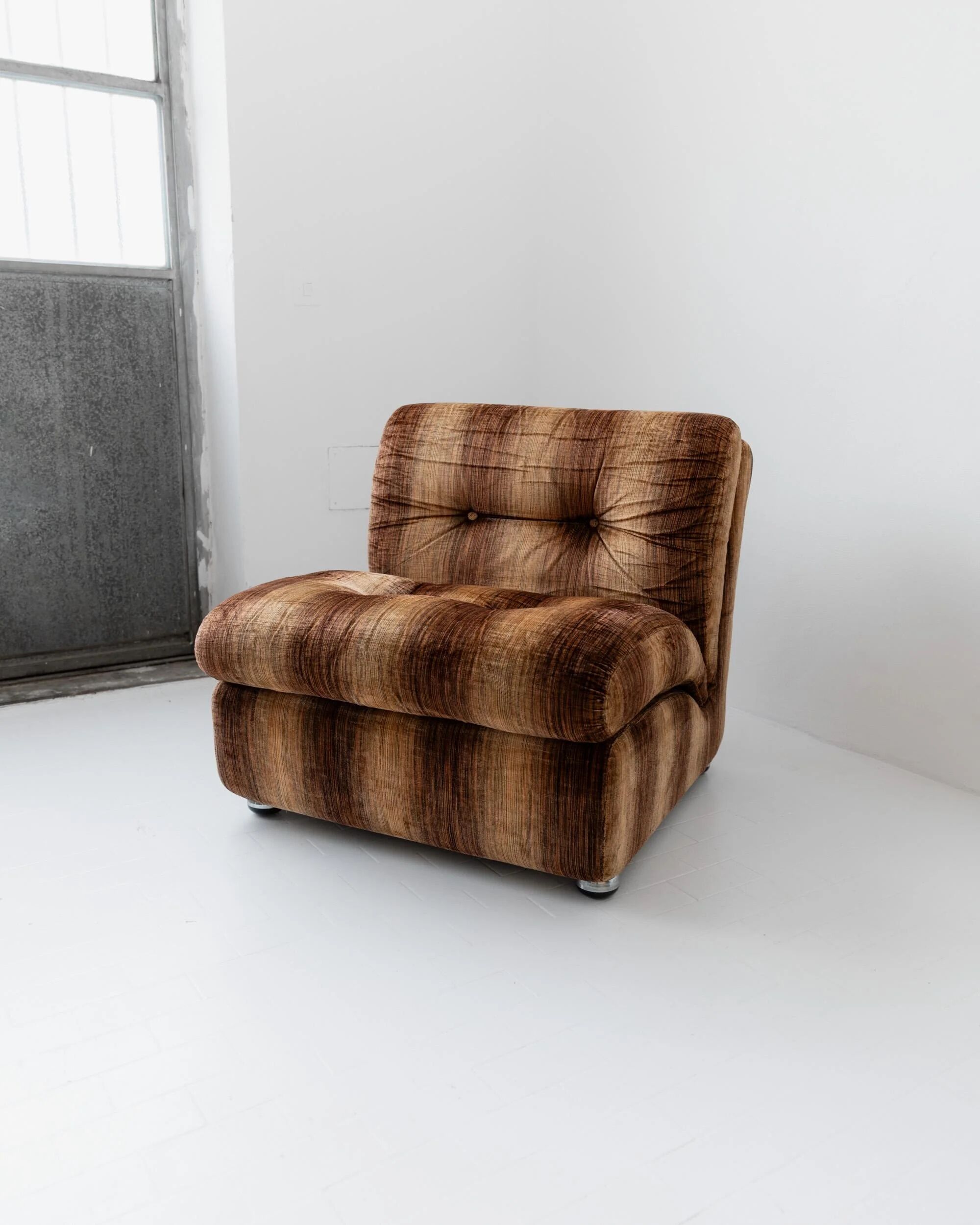 Vintage armchair from the 1970s, by Europoltrona Italy, brown striped velvet, Space Age design.