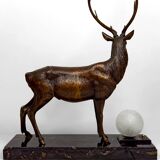 Importante Lampe Sculpturale en Bronze et Marbre, Cerf, Art Déco, France