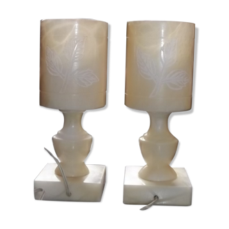 Set de 2 petites lampes de chevet en albâtre 1960 vintage