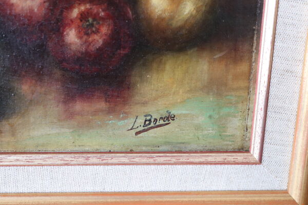 Tableau ancien nature morte dame jeanne et pommes