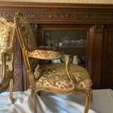 Pair of LOUIS XV style armchairs with gilded and floral tapestry