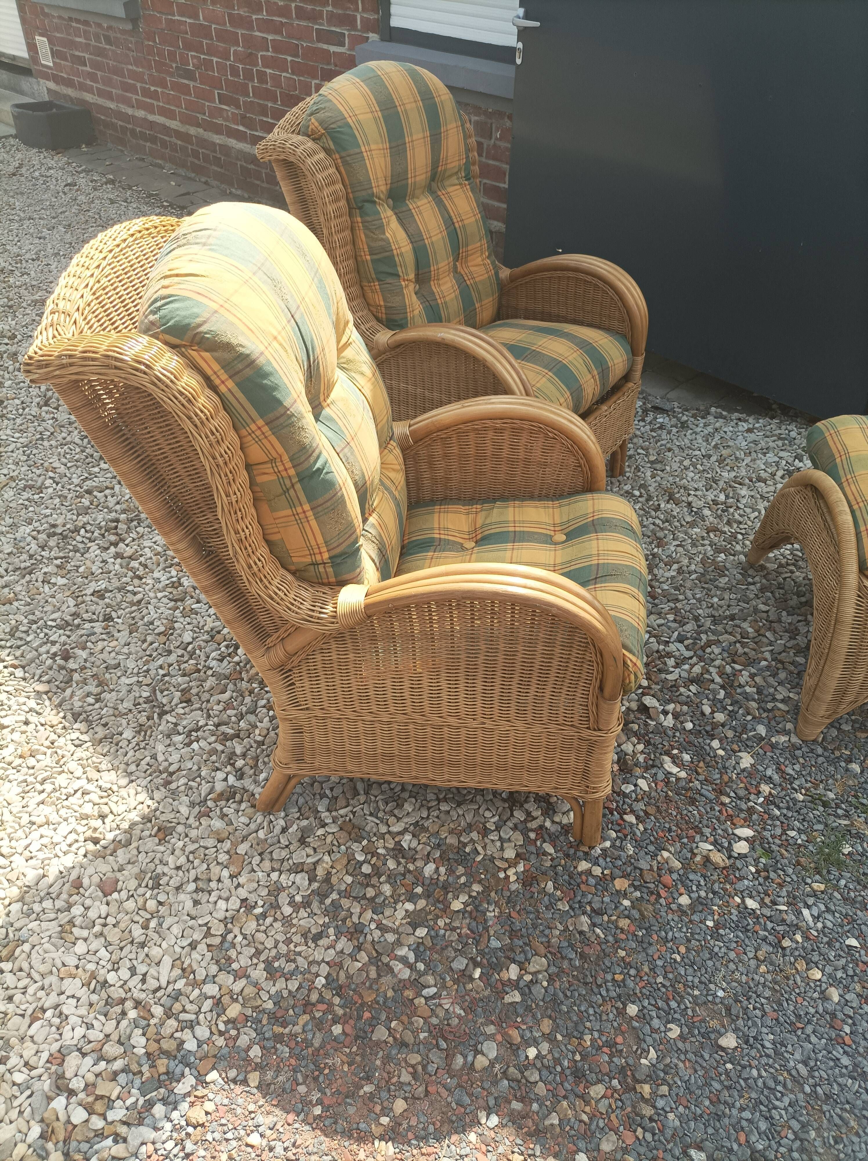 Pair of old armchairs wicker rattan & foot rest vintage year 60
