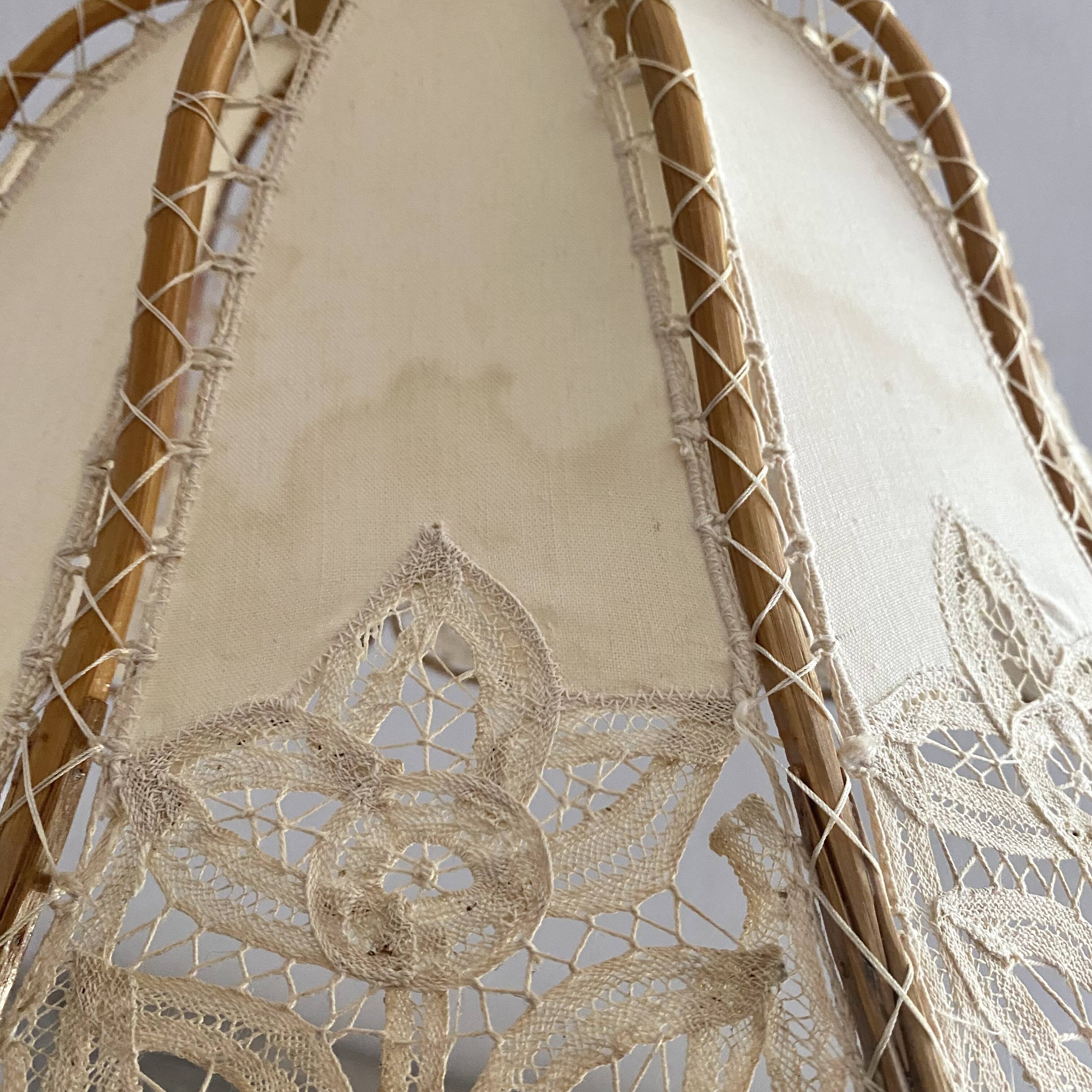 Antique hanging lampshade in rattan and openwork embroidered fabric
