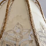 Antique hanging lampshade in rattan and openwork embroidered fabric
