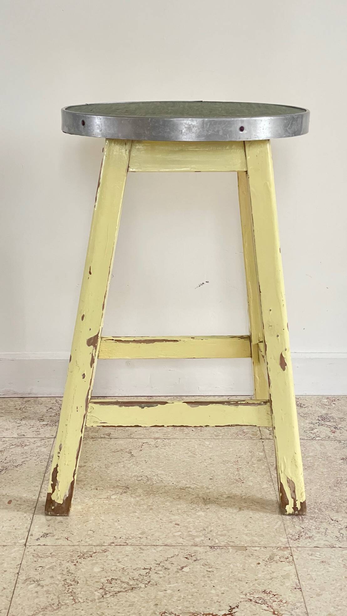 Vintage stool in solid oak green seat